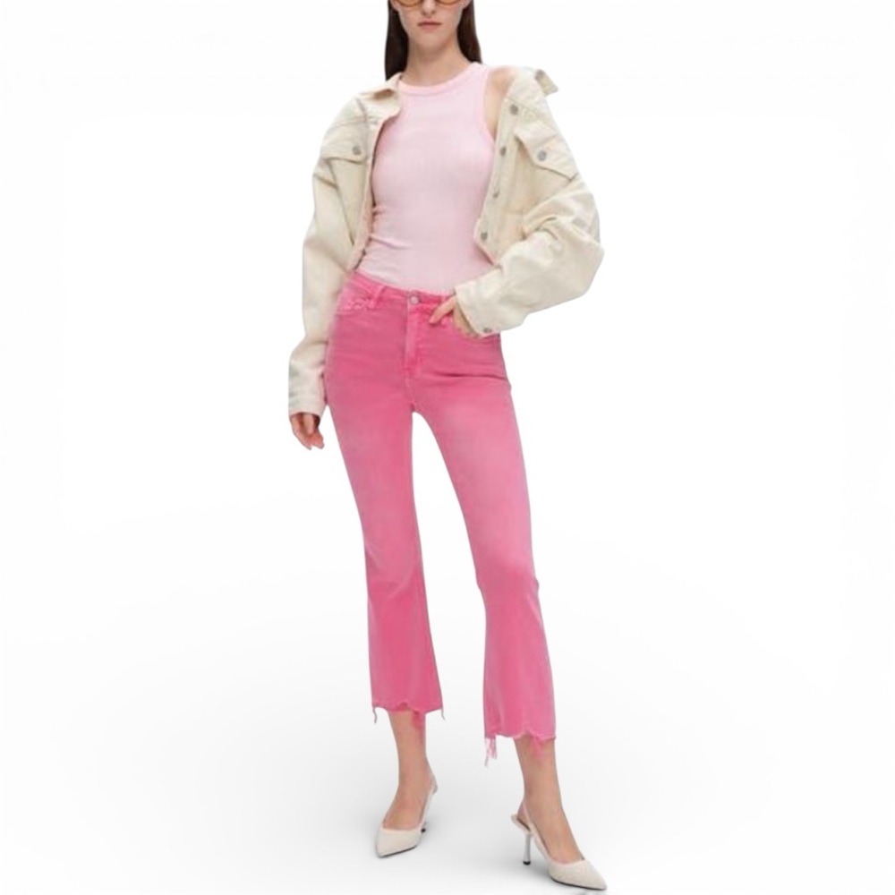 BAYEAS Pink Fray Hem Cropped Jeans Distressed Mid Rise